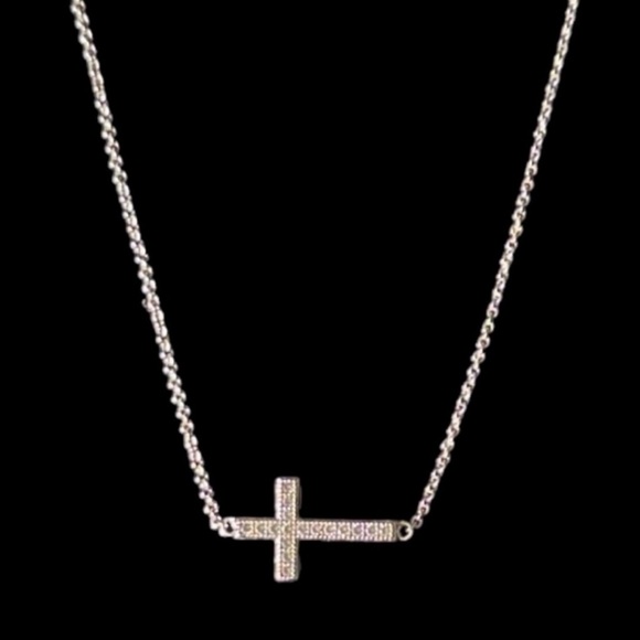 Sterling Silver Cubic Zirconia Sideways Cross Necklace - Picture 5 of 5